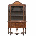 DUTCH GLASS DISPLAY CABINETNoble wood with floral marquetry. Bronze handles. Three shelves and two
