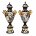 PAIR OF LARGE FRENCH SEVRES STYLE VASES, SECONF HALF C20thRoyal blue enamelled & gilded. Panels