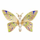 GOLD ENAMEL BUTTERFLY BROOCH.Yellow gold with enamel & four pearls. 3.5 X 6cm. 15gr.- - -18.00 %