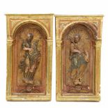 SPANISH SCHOOL "SAINT PETER AND SAINT PAUL"Two tableaux in carved & painted wood. Framed latterly in