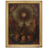 SPANISH SCHOOL, C 18th " EUCHARISTIC ALLEGORY WITH SAINT LAWRENCE AND SAINT SEBASTIAN"Oil on