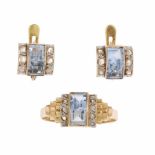 EARRINGS AND RING, EARLY C20thYellow gold with rose cut diamonds & square cut topazes. Catalan