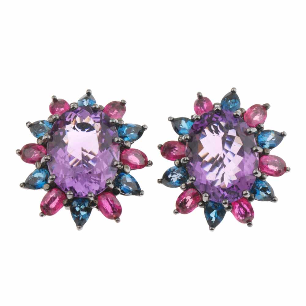 FLORAL EARRINGSRhodium plated with central oval cut faceted amethyst, iolites & pink sapphires,