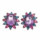 FLORAL EARRINGSRhodium plated with central oval cut faceted amethyst, iolites & pink sapphires,