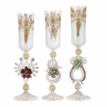 THREE VENETIAN MURANO GLASSES, C20thCarved translucent glass with decorative gilding. With applied