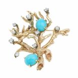 TURQUOISE AND DIAMOND BROOCH, 1960s14k gold with two cabouchon turquoises & antique brilliant cut