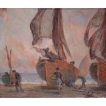 ALEXANDRE DE CABANYES MARQUES (1877-1972). " BOATS ON THE BEACH AT DUSK"Oil on canvasSigned bottom