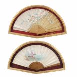 TWO "PERICÓN" FANS, FIRST HALF C20thOil on canvasPainted silk leaves. Openwork, engraved wooden