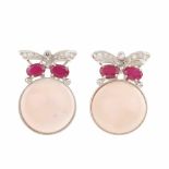 CORAL AND RUBY EARRINGSWhite gold with angel skin coral cabuchon, oval cut rubies & oval cut