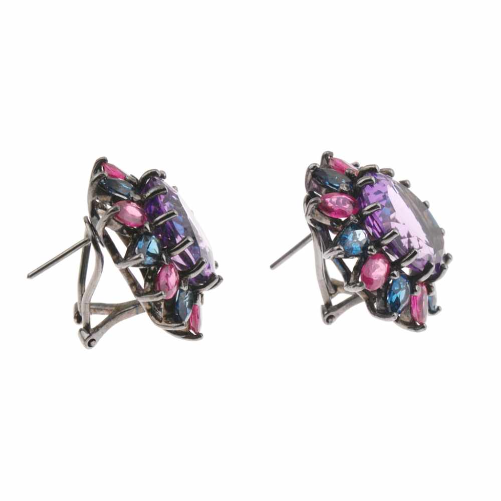 FLORAL EARRINGSRhodium plated with central oval cut faceted amethyst, iolites & pink sapphires, - Image 2 of 2