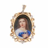 RELIGIOUS MEDAL 1940sPendant in yellow & white gold with rose cut diamonds & enamel represention