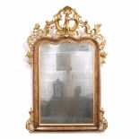 LARGE WALL MIRROR C19thWood frame, stucco and gold foil. Crowned with birds & cherubs. Mirror