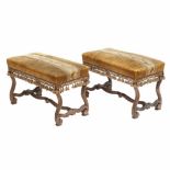 PAIR OF BENCHES, EARLY C20thCarved wood. Upholstered. Defects. Old woodworm holes. 44 x 72 x