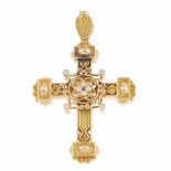 GOLD AND DIAMOND CROSS PENDANT .Yellow gold openwork with brilliant cut diamonds. Approx. Total