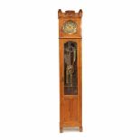 ART NOUVEAU GRANDFATHER CLOCK. LATE C 19th-EARLY C 20thCarved walnut & glass. Bronze clockface