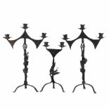 PAIR OF SPANISH CANDELABRAS AND CANDLESTICKS, MID C20thCast iron. Three & two lights. Height 58.5