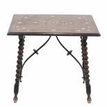 MAJORCAN CENTRE TABLE. C19thRosewood with carved & tinted bone marquetry. Iron brackets 64 x 72.5