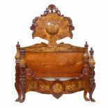 SPANISH BED, SECOND HALF C 19thMahogany with decorative marquetry & crown in carved walnut.