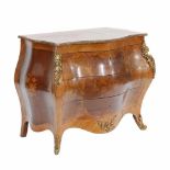 FRENCH STYLE BOW FRONTED CHEST OF DRAWERS, C20thWood with floral marquetry.Three front drawers,