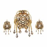 BROOCH AND EARRINGS , C19thEngraved gold with free hanging strands, enamel & rose cut diamonds,and