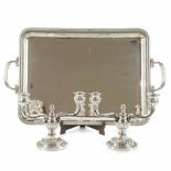 SPANISH SILVER TRAY AND CANDELABRAS, MID C20thHallmarked. 2.275 kg total weight, candelabras with