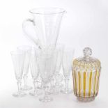 ART DÉCO WATER JUG, SET OF EIGHT FRENCH CHAMPAGNE GLASSES AND SWEET DISH, MID C20thCut glass.