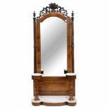 SPANISH "PSYCHE" MIRROR, C 19thMahogany with noble wood marquetry and marble tops. Crown in carved