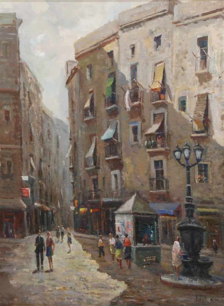 ESCUELA CATALANA, SIGLO XX. "THE GOTHIC QUARTER, BARCELONA" 1974Oil on CanvasSigned "F. Julia" & - Image 2 of 5