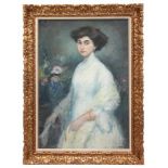 RICARD CANALS Y LLAMBI (1876-1931) " PORTRAIT OF WOMAN WITH FLOWERS", 1912Oil on canvasSigned bottom