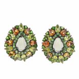 EARRINGS STUDDED WITH STONESRhodium plated silver with pear shaped prehnite garlanded with peridots,