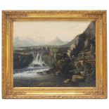 ENGLISH SCHOOL, C19th "LANDSCAPE WITH WATERFALL" 1853Oil on canvasSigned E. Cheveney & dated