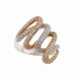 TRICOLOUR DIAMOND RINGDouble zig-zag band in white, yellow & pink gold with pavé diamonds of 1.