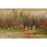 EUGENIO LUCAS Y VILLAMIL (1858-1918). "PARTY BY THE RIVER"Oil on canvasSigned. 12.5 x 17.5cm; 34 x