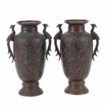 PAIR OF JAPANESE VASES, EARLY C20thBronze with bird & floral decoration. Height 22.5cm- - -18.00 %