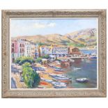 SIMÓ BUSOM (1927). "BEACH AND QUAYSIDE AT LA TIMBA", PORT DE SELVA 1988Oil on CanvasSigned on front,
