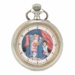 EROTIC POCKET WATCH C20thHandpainted scenes,moving details signed on face. Silvered metal casing