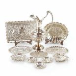 LOT OF SPANISH SILVERWARE, C20thIncludes a vase, five small trays & five ashtrays. .Largest 28cm,