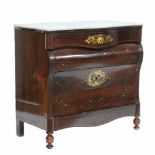SPANISH CHEST OF DRAWERSWood with white marble top, metal & mother of pearl marquetry. Bow front