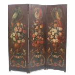 THREE PANEL SPANISH SCREEN, SECOND THIRD C20thCarved wood painted with birds & floral motifs. 176.