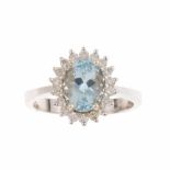 RING WITH ROSETTE OF AQUAMARINE AND DIAMONDSWhite gold with central oval cut aquamarine 1.90ct,
