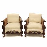 PAIR OF ARMCHAIRS, C20thCarved wood with Chinese style decoration, back and arms in tropical wood.