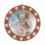 EROTIC TABLE TOP CLOCK, C20thHandpainted scenes, moving details signed on face. Silvered metal