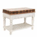 RUSTIC KITCHEN TABLE, MID C20Carved & painted wood with decorative ironwork. Lower drawer, 90 x