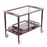 "GERMAN DRINKS TROLLY"Varnished rosewood & glass. Detachable tray and bottle holder below. On