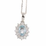 AQUAMARINE & DIAMOND PENDANTWhite gold with 0.73ct central oval cut amethyst with bezel of brilliant