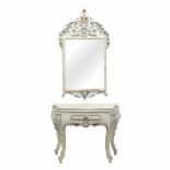 FRENCH STYLE CONSOLE WITH MIRROR, C20thConsole in carved marbled wood with front drawer. Mirror with