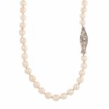 LONG PEARL NECKLACE9mm pearls with art déco yellow & white gold clasp with 8/8 & rose cut diamonds