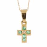 EMERALD AND DIAMOND CROSS PENDANT.Yellow gold with square cut emeralds. Total weight approx. 0.02ct.