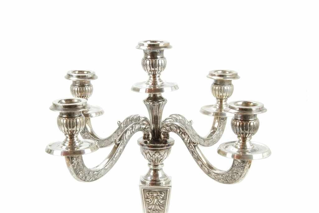 PAIR OF SILVER SPANISH CANDELABRAS, MID C20thHallmarked. Four arms & five lights. Decoration of - Image 2 of 3