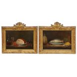 FRENCH SCHOOL, C19th "PAIR OF STILL LIFES"Oil on canvasSigned Chardin on frame. Label Expostion